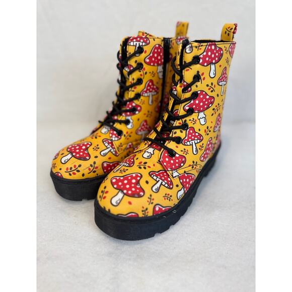 Yoki Yellow Red Mushroom Boots Vegan Leather Lug Sole Combat Size 6 - Picture 2 of 9